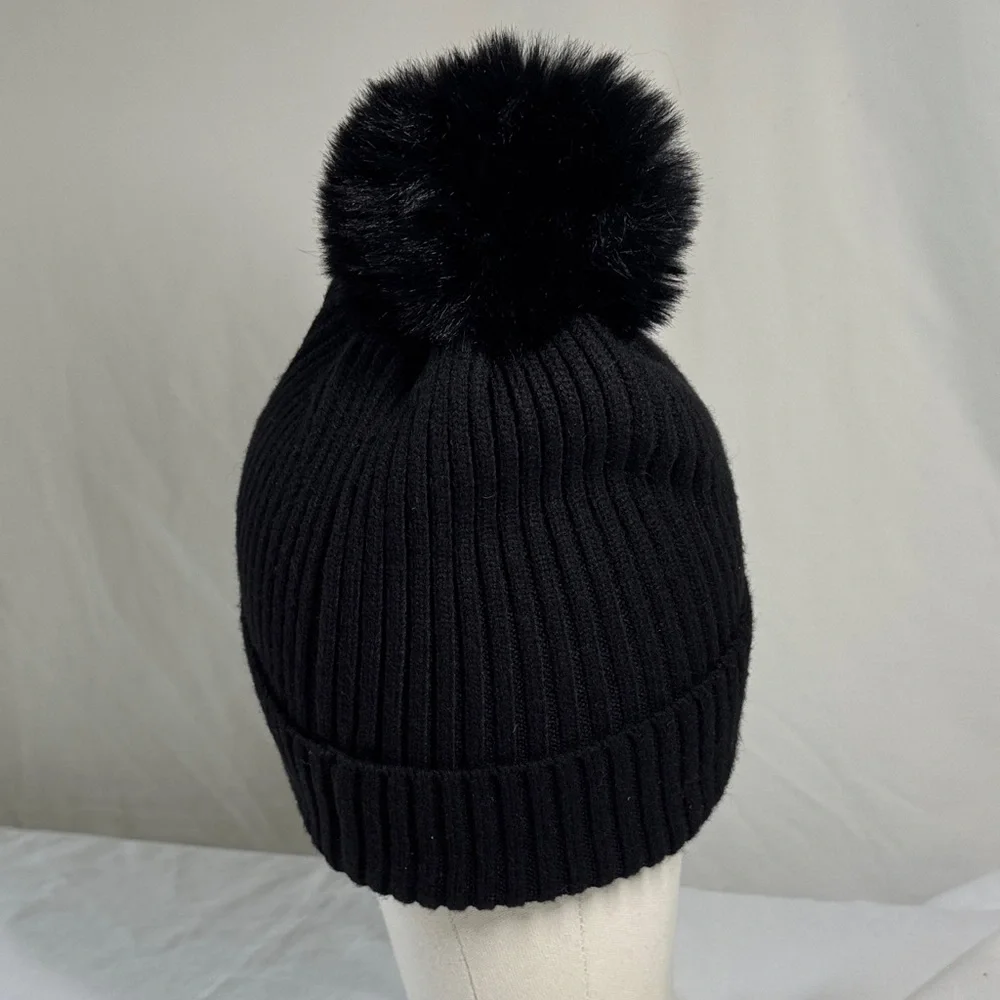 Steve Madden Black Ribbed Knit Beanie with Pom Pom